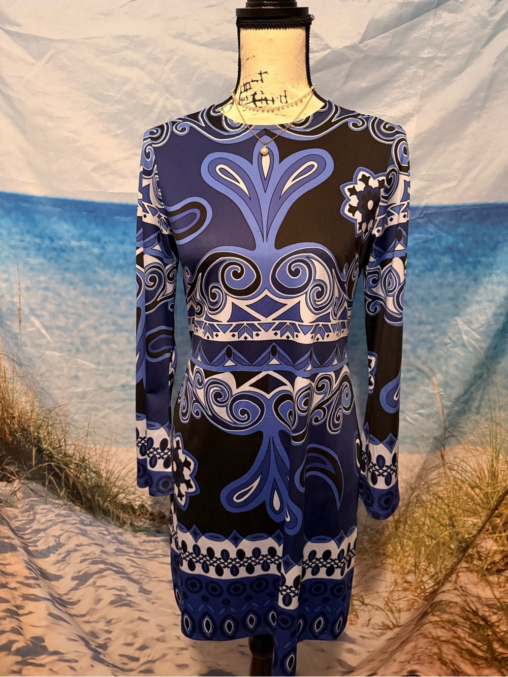 INC International Concepts Blue and Black Long-Sleeve Printed Sheath Dress